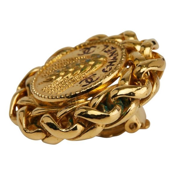 CHANEL Coco Mark Round Wheat and Rice Motif Earrings, Gold Plated, Women's - Picture 5 of 7